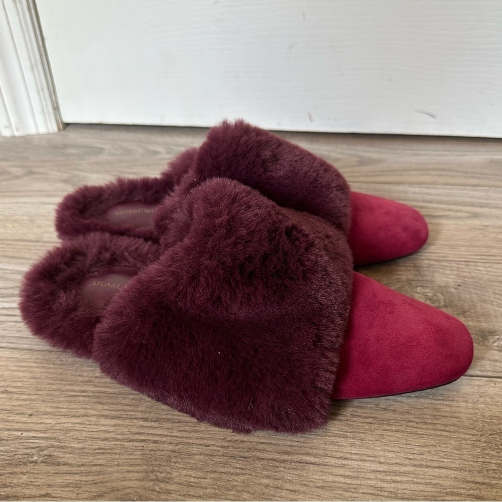 Stuart Weitzman Edie Chill Burgundy Faux Fur-Lined Mule